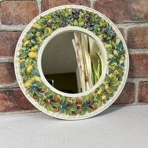Vintage Ceramic Mirror Wreath Round Fruit Leaf Made in Italy Multi Wall Mounted